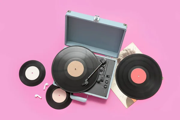 Record Player Vinyl Disks Pink Background — Stock Photo, Image