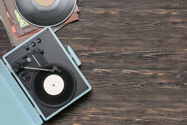 Record Player Vinyl Disks Dark Wooden Background — Stock Photo, Image