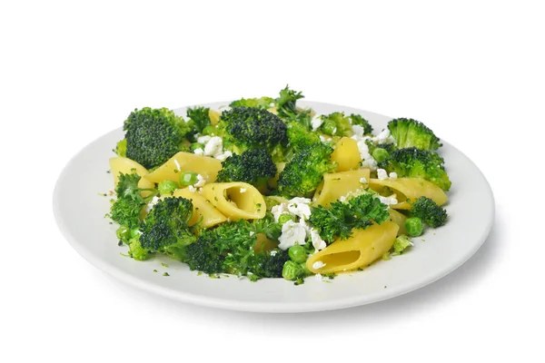 Plate Tasty Pasta Broccoli Grey Background — Stock Photo, Image