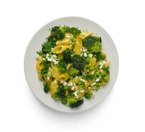 Plate Tasty Pasta Broccoli Grey Background — Stock Photo, Image