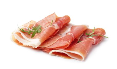 Slices of tasty jamon on white background