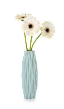 Beyaz arka planda Gerbera çiçekleri olan vazo