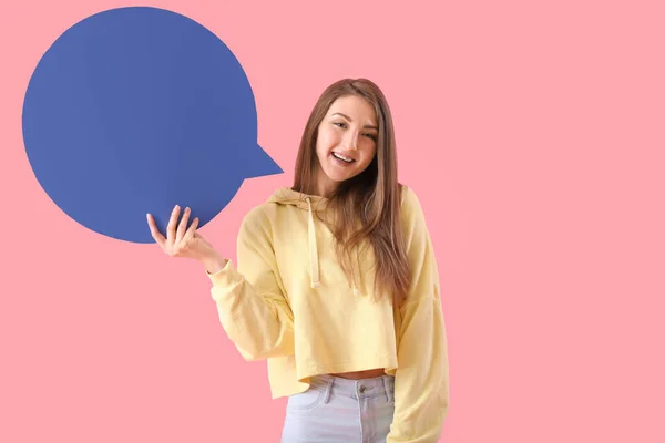 Young Woman Blank Speech Bubble Pink Background — Stock Photo, Image