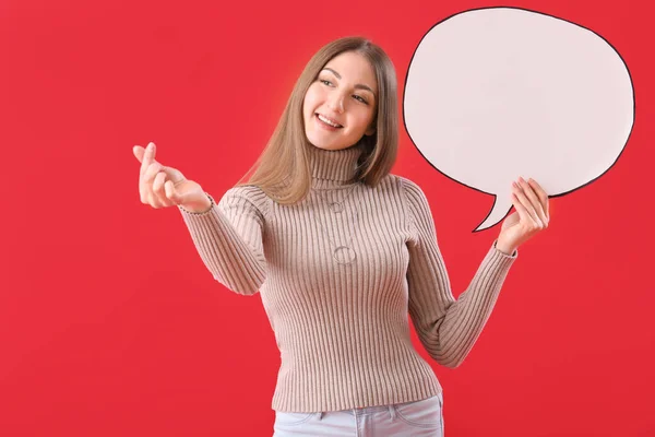 Young Woman Blank Speech Bubble Making Heart Shape Red Background — Stock Photo, Image