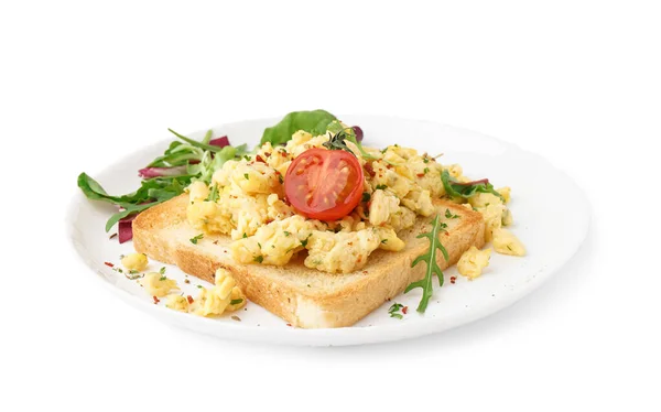 Plate Tasty Scrambled Eggs Sandwich Salad White Background — Stock Photo, Image