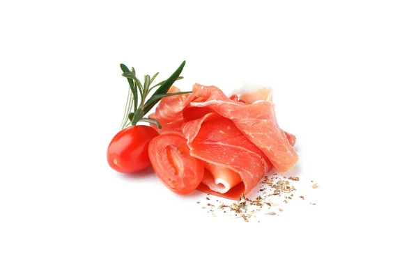 Tasty Jamon Slices Tomatoes White Background — Stock Photo, Image