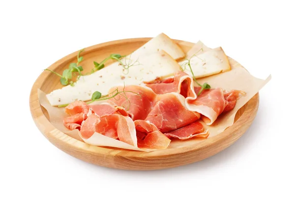 Plate Slices Tasty Jamon Cheese White Background — Stock Photo, Image
