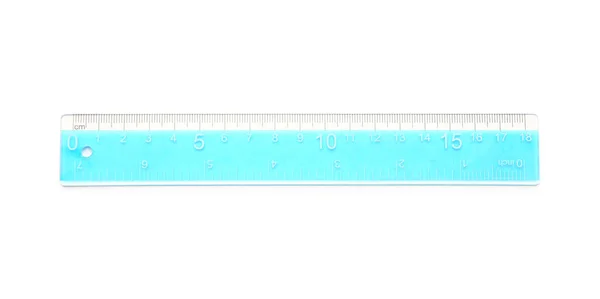 Niebieski Plastikowy Linijka Białym Tle — Zdjęcie stockowe
