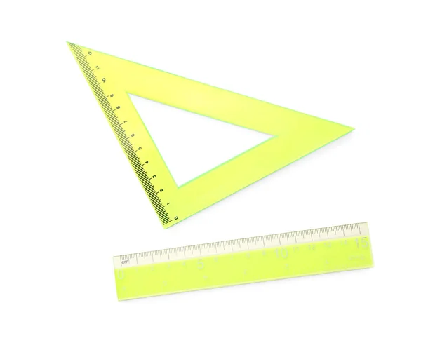 Κίτρινο Ευθεία Και Τρίγωνο Πλαστικό Χάρακα Λευκό Φόντο — Φωτογραφία Αρχείου
