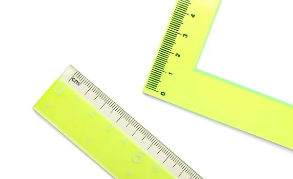 Gele Rechte Driehoekige Plastic Liniaal Witte Achtergrond — Stockfoto