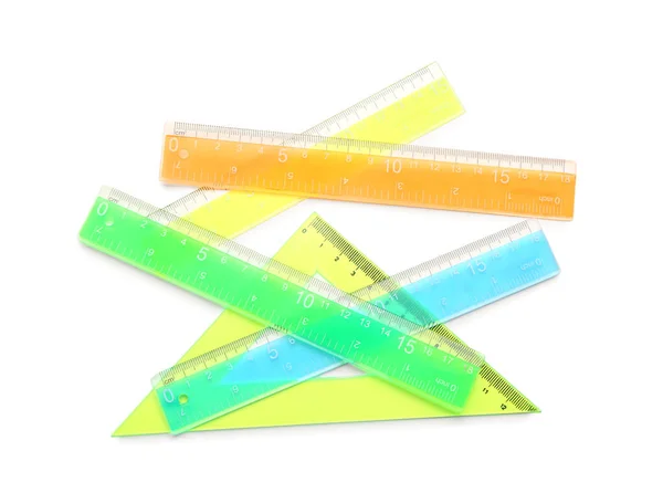 Triángulo Colorido Reglas Plástico Rectas Sobre Fondo Blanco —  Fotos de Stock