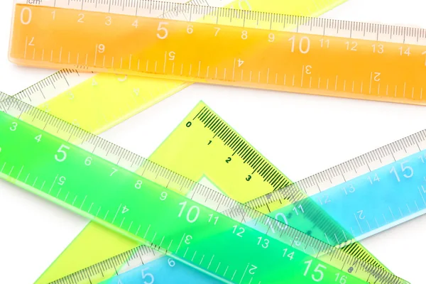 Colorful Triangle Straight Plastic Rulers White Background — Stock Photo, Image
