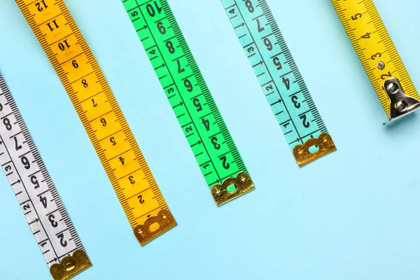 Colorful Measuring Tapes Blue Background — Stock Photo, Image