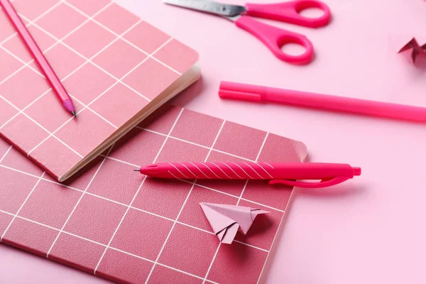 Composition Notebooks Stationery Supplies Paper Plane Pink Background — Stock Photo, Image