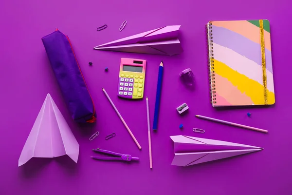 Composition Stationery Supplies Paper Planes Purple Background — Stock Photo, Image