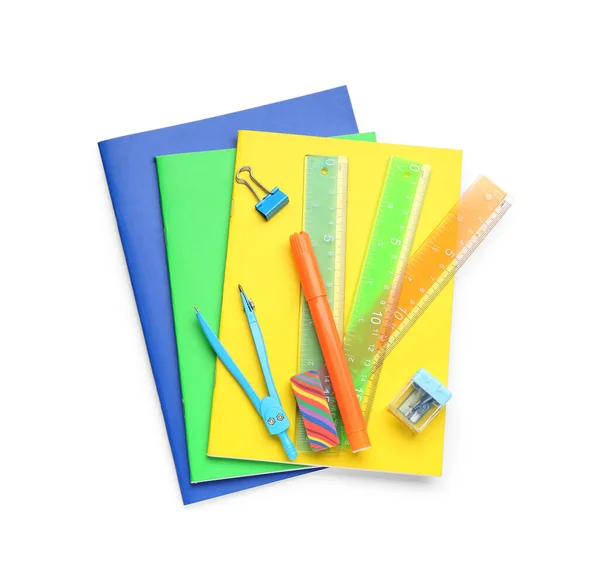 Colorful Notebooks Stationery Supplies White Background — Stock Photo, Image