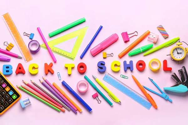 Frame Made Colorful Stationery Supplies Text Back School Pink Background — Stock Photo, Image