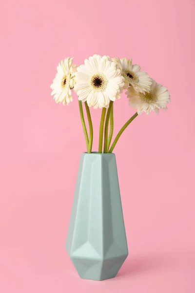 Vase Beautiful Gerbera Flowers Pink Background — Stock Photo, Image