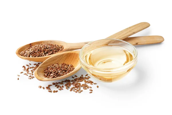 Spoons Flax Seeds Bowl Oil White Background — Stock Photo, Image
