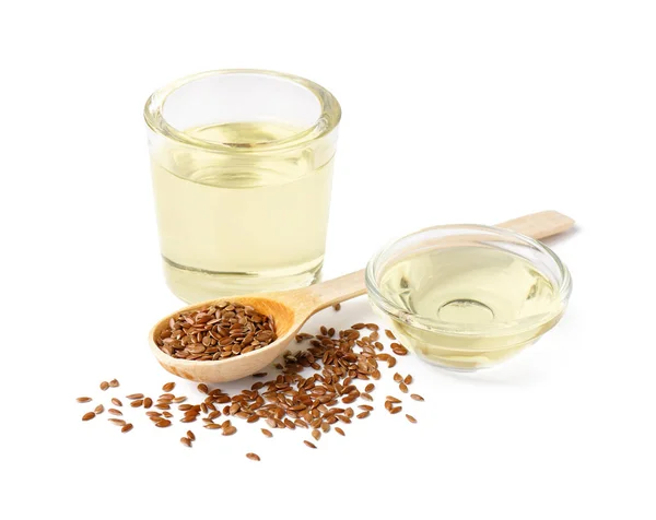 Glass Bowl Flax Oil Seeds White Background — Stock Photo, Image