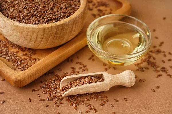 Bowl Flax Oil Seeds Brown Background — Stock Photo, Image