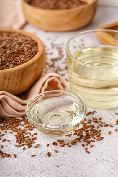 Glass Bowl Flax Oil Seeds Light Background — Stock Photo, Image