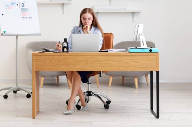 Ofiste dizüstü bilgisayarla çalışan kadın muhasebeci.