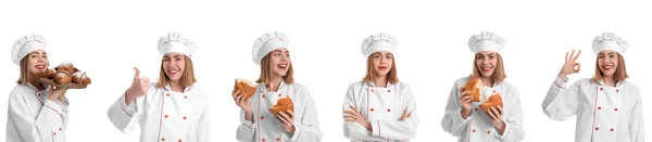 Collage Van Jonge Vrouwelijke Bakker Witte Achtergrond — Stockfoto