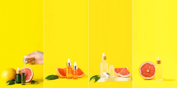 Collage with grapefruit essential oil on yellow background