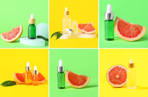 Collage Grapefruit Essential Oil Color Background — Stock Photo, Image