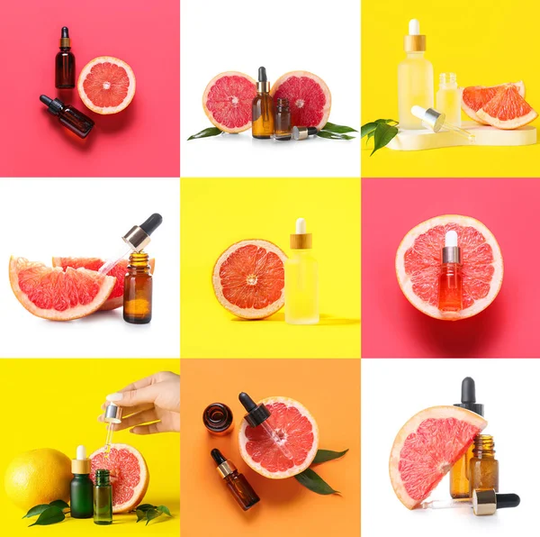 Collage with grapefruit essential oil on color background