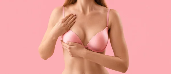 Young Woman Underwear Checking Her Breast Pink Background Cancer Awareness — Stock Photo, Image