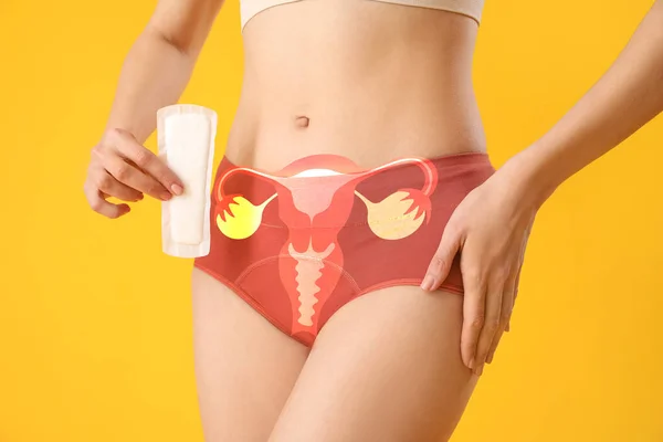 Wanita Muda Dalam Celana Dalam Menstruasi Dan Dengan Pad Pada — Stok Foto