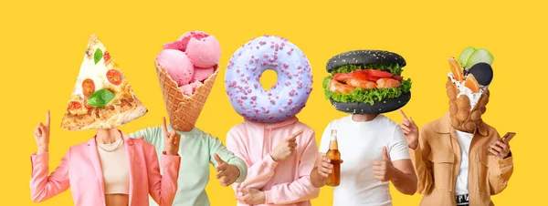 Menschen Mit Ungesundem Essen Statt Kopf Auf Gelbem Hintergrund — Stockfoto