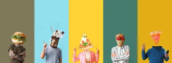 Conjunto Pessoas Com Alimentos Insalubres Vez Suas Cabeças Fundo Colorido — Fotografia de Stock