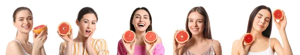 Set Van Mooie Vrouwen Met Verse Grapefruits Witte Achtergrond — Stockfoto