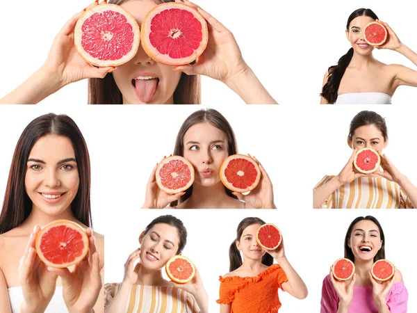 Kollázs Gyönyörű Nők Lány Friss Grapefruit Fehér Alapon — Stock Fotó