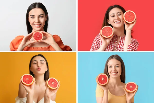 Collage Beautiful Women Fresh Grapefruits Colorful Background — Stock Photo, Image
