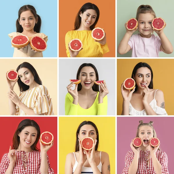 Collage of beautiful women and girl with fresh grapefruits on colorful background