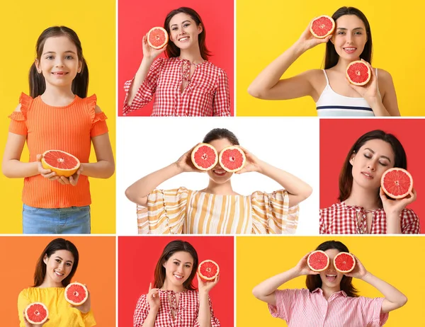 Kollázs Gyönyörű Nők Lány Friss Grapefruit Színes Háttér — Stock Fotó