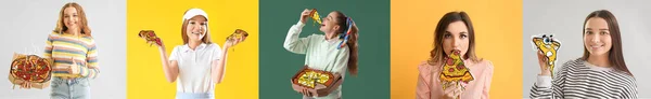 Állítsa Gyönyörű Nők Ízletes Pizza Színes Háttér — Stock Fotó
