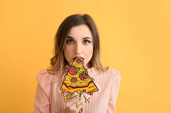 Portrait Surprised Young Woman Eating Tasty Pizza Orange Background — Stock Photo, Image