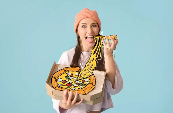 Happy Young Woman Eating Tasty Pizza Light Blue Background — Stock Photo, Image