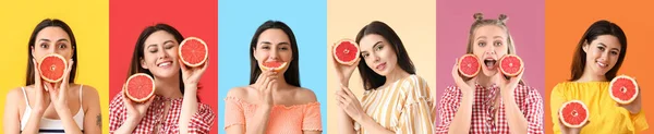 Set Schöner Frauen Mit Frischen Grapefruits Auf Buntem Hintergrund — Stockfoto