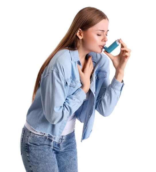 Sick Young Woman Inhaler White Background — Zdjęcie stockowe