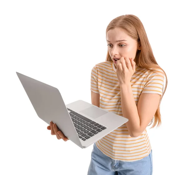 Young Woman Laptop Biting Nails White Background — Foto de Stock
