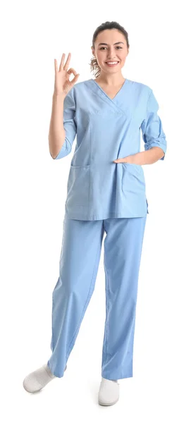 Female Medical Assistant Showing White Background — Stock Photo, Image