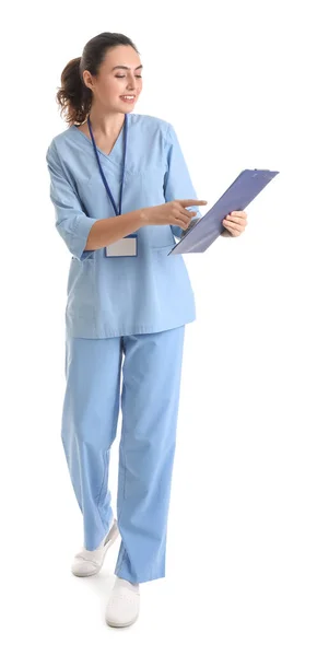 Female Medical Assistant Clipboard White Background — Stock Fotó