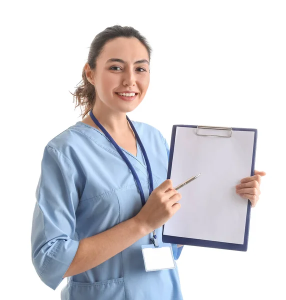 Female Medical Assistant Clipboard White Background — Stock fotografie