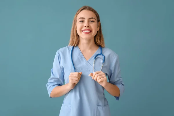 Female Intern Stethoscope Blue Background — Stock Photo, Image